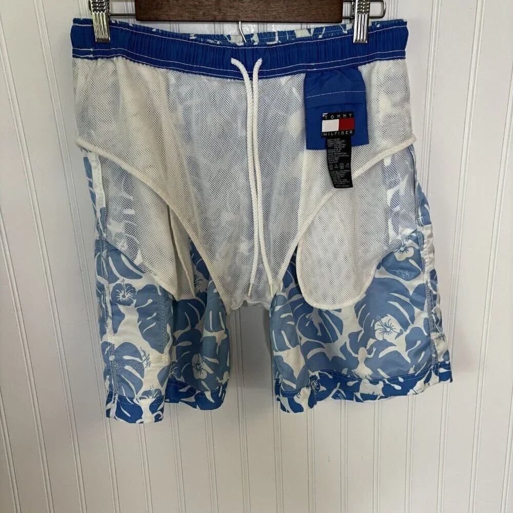 Tommy Hilfiger Mens Medium Blue White Tropical Hula Girl Print Swim Short Trunks